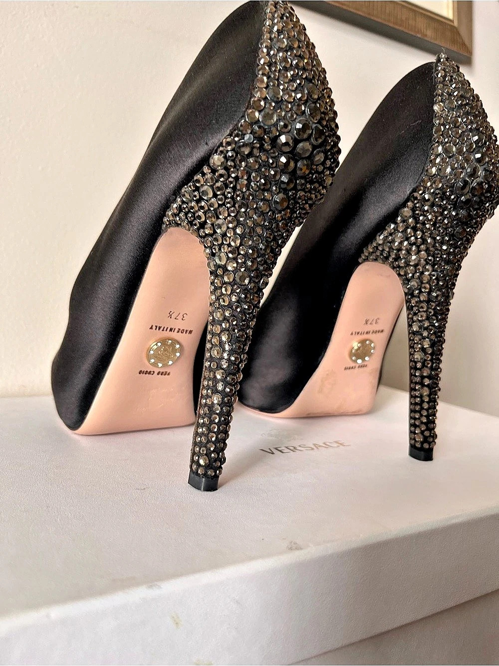 Versace Crystal Embellished Open Toe Heels Black EU 37.5